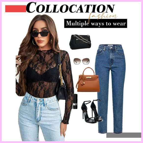 Sheer Mesh Long Sleeve Mock Neck Blouse Floral Lace Top - Picture 4 of 4